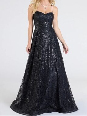 Black Sequined Spaghetti Strap Evening Gown With A Corset Back
